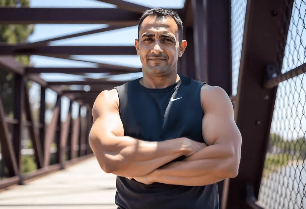 A muscular man posing with his arms folded