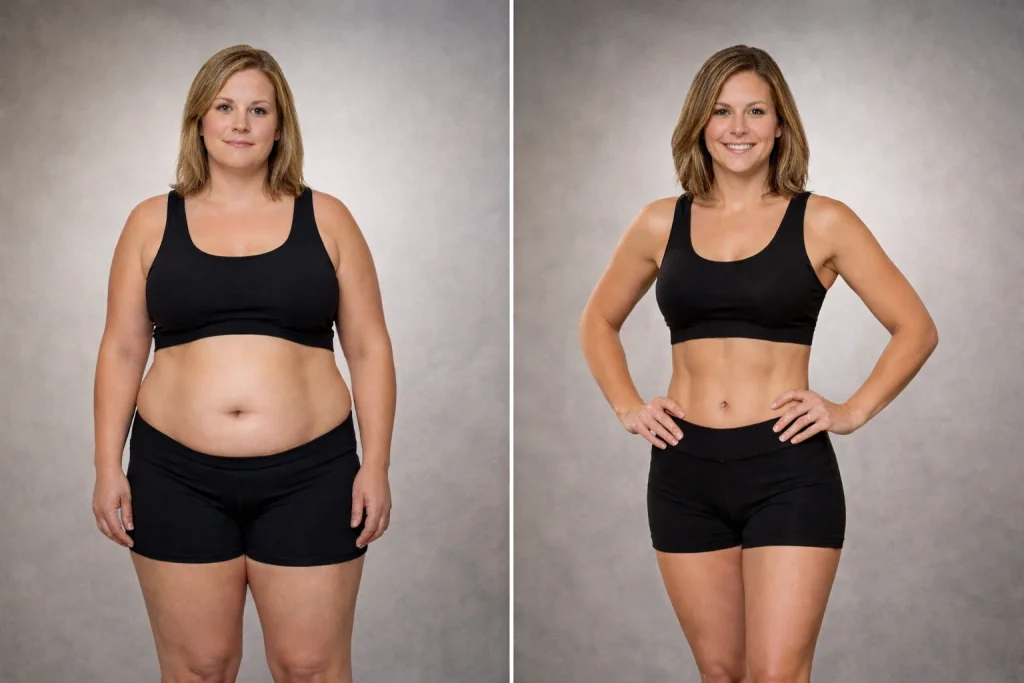 A woman before and after weight loss.