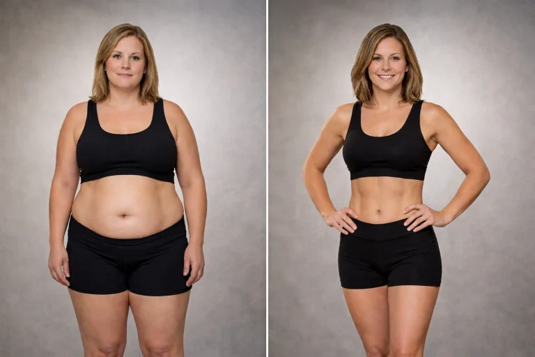 A woman before and after weight loss.