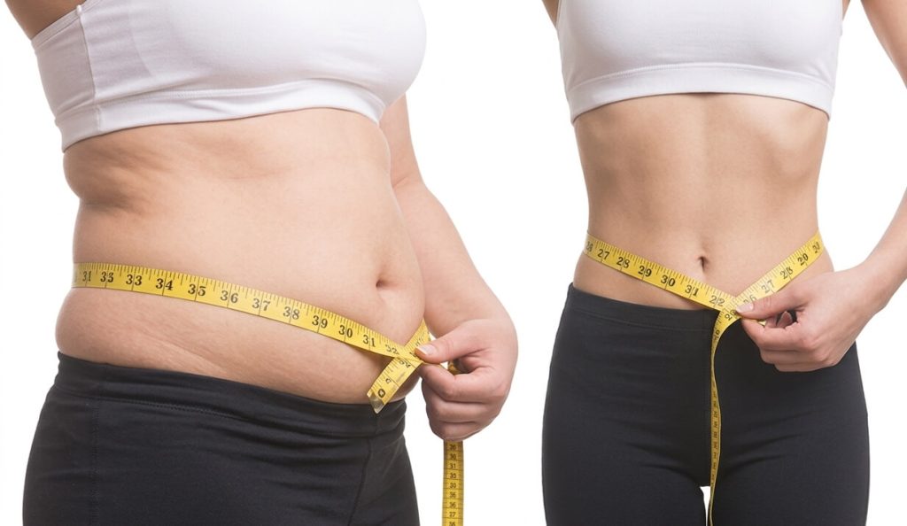 Before-and-after view of a woman's waist showing weight loss, with a measuring tape around her midsection.